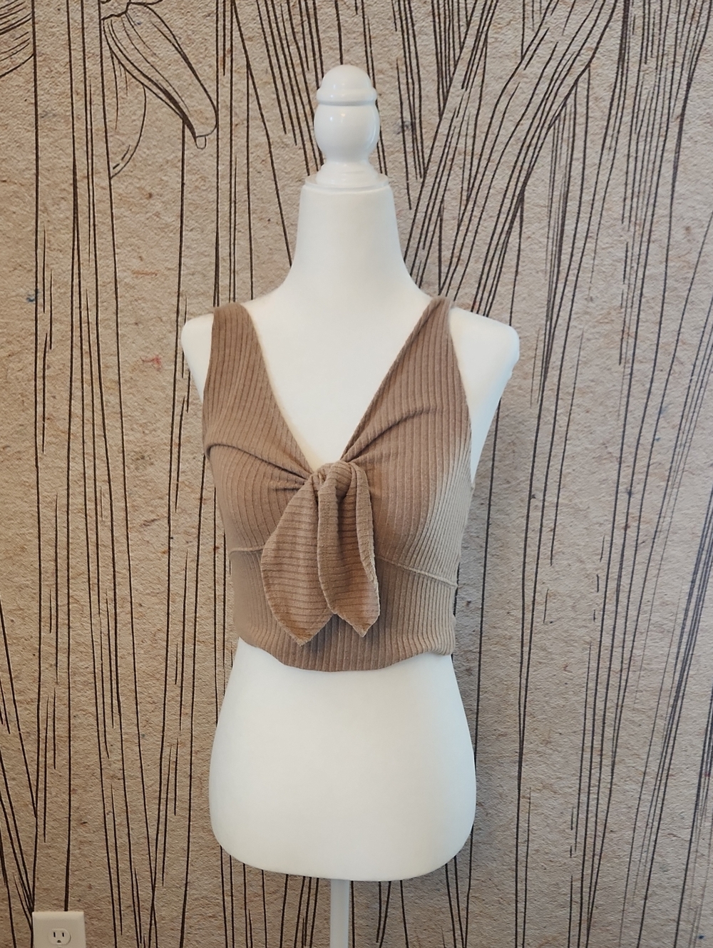Abercrombie & Fitch Ribbed Tie-Front Crop Top in Tan